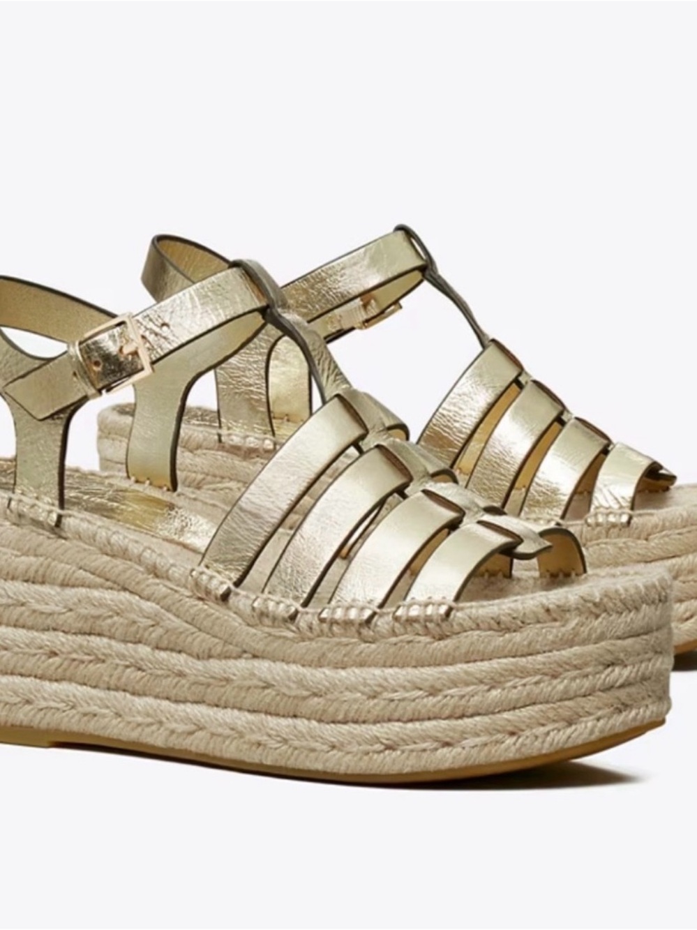 Tory Burch Metallic Gold Platform Espadrille Wedge Sandals